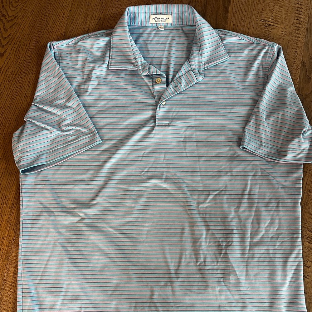 Peter Millar Light Blue and Pink Striped Polo